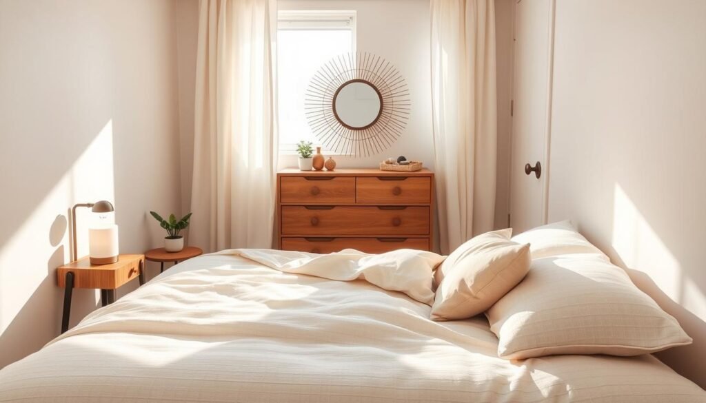 A cozy small bedroom layout featuring a minimalist design with warm tones and natural materials. The foreground showcases a neatly made bed with soft, textured bedding in cream and beige, paired with layered pillows. A compact nightstand is adorned with a small plant and a softly glowing lamp. In the middle, a wooden dresser adds warmth and is complemented by a decorative mirror reflecting soft sunlight. The background includes light-colored walls and a window dressed with sheer curtains, allowing bright, natural light to fill the space. The atmosphere is inviting and serene, with an airy vibe created by the arrangement. The scene captures the essence of warmth and comfort in compact living, emphasizing smart space solutions.