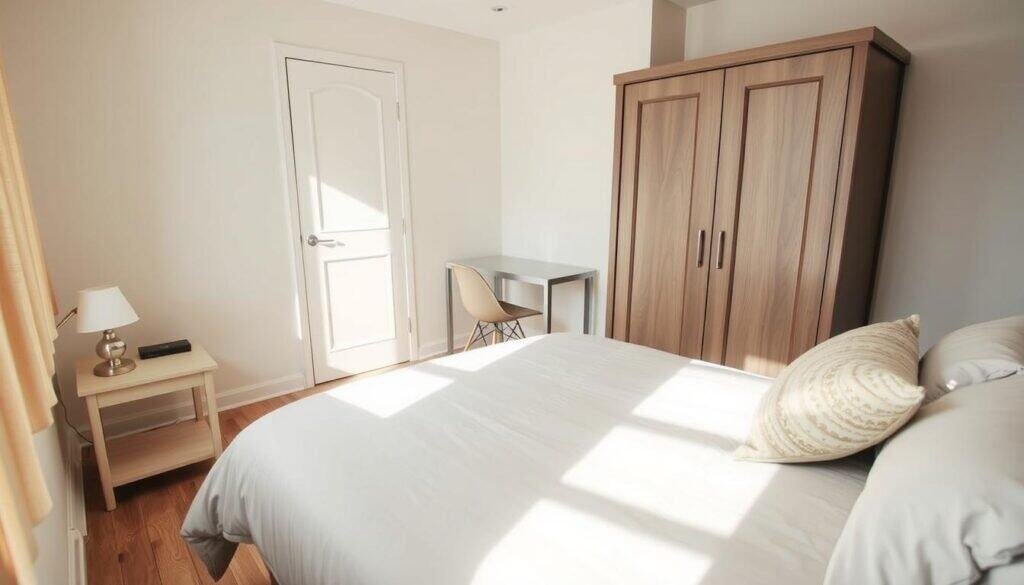 A cozy small bedroom, meticulously arranged to maximize space and enhance comfort. In the foreground, a neatly made bed with soft, neutral-toned bedding and decorative pillows. To the left, a compact bedside table with a stylish lamp casting soft, warm light. The middle ground features a small desk with an aesthetic chair, positioned to receive natural light from a nearby window. In the background, a wardrobe with a mirrored door reflects the room’s inviting ambiance. The atmosphere is bright and airy, infused with soft sunlight illuminating the wood flooring and accentuating the calming colors of the walls. The image is captured from a slightly elevated angle, giving a comprehensive view of the harmonious layout.
