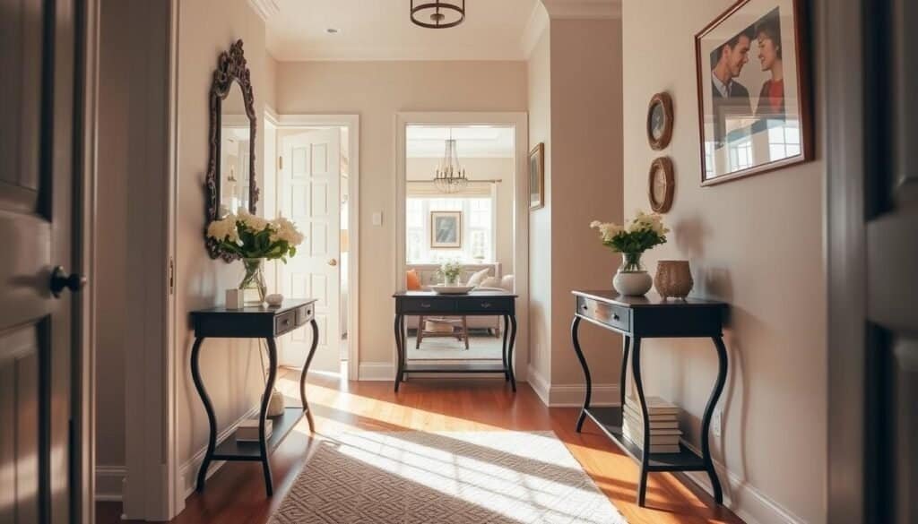 A cozy small entryway transformation, featuring a narrow hallway with warm wooden flooring and a stylish console table adorned with a vase of fresh flowers. In the foreground, a soft, textured rug invites visitors in. The middle ground showcases a stylish mirror with an ornate frame, reflecting soft, natural light that streams in from a nearby window, creating a bright and airy ambiance. On the walls, tasteful artwork adds personal charm. In the background, a doorway leads to a welcoming living area. The scene is bathed in warm sunlight, enhancing the inviting atmosphere. Capture the essence of a transformation that feels complete and welcoming, with an emphasis on home comfort and stylish décor.