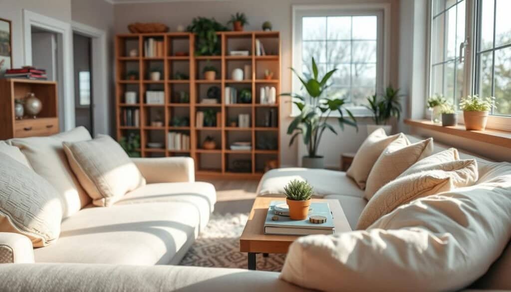 A cozy small living room featuring a harmonious blend of warmth and simplicity. In the foreground, a plush, light-colored sofa adorned with soft, textured throw pillows creates an inviting focal point. A wooden coffee table with a few carefully arranged books and a small potted plant sits nearby. The middle ground showcases a well-organized bookshelf with a mix of greenery and decorative accents, maintaining an uncluttered appearance. In the background, large windows invite soft, natural light, casting gentle shadows and creating an airy atmosphere. The room is surrounded by subtle earth tones, enhancing the feeling of comfort. The scene is captured from a slightly elevated angle, emphasizing spaciousness and balance, evoking a serene, welcoming vibe without feeling chaotic.