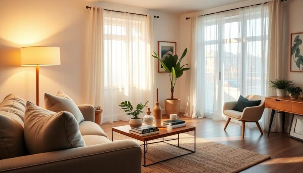 A cozy, small living room featuring a stylish makeover, emphasizing strategic lighting to create an inviting atmosphere. In the foreground, a comfortable sofa with soft cushions is bathed in warm light from a nearby floor lamp, paired with a small side table displaying decorative items. The middle layer showcases a minimalist coffee table adorned with a vibrant plant and art books, while a soft area rug anchors the space. In the background, a large window lets in bright, natural light, highlighting the light-colored walls and tasteful artwork. The overall mood is airy and serene, with soft sunlight filtering through sheer curtains, creating a peaceful and rejuvenating environment. The lens perspective is wide-angle, capturing the essence of a transformed living area.