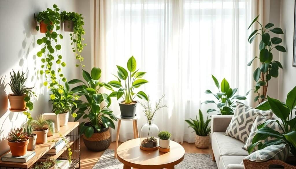 A cozy, small living room filled with an array of vibrant, lush plants ideal for compact spaces. In the foreground, a stylish shelf holds potted succulents and a trailing pothos, adding life and color. In the middle ground, a small wooden coffee table is adorned with a cheerful snake plant and a terrarium, inviting a sense of tranquility. The background features soft, airy curtains allowing bright, natural light to filter in, casting gentle shadows that enhance the serene atmosphere. The room is decorated with light, neutral tones, enhancing a minimalist aesthetic. Capture this scene with a slight angle to emphasize depth and warmth, using warm sunlight to evoke a refreshing and uplifting mood, perfect for rejuvenating any dull space.
