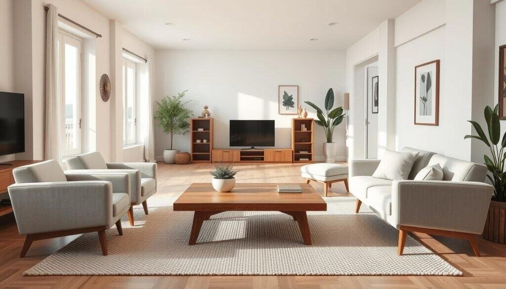 A cozy small living room in an open floor plan, featuring a modern design with neutral color palettes. In the foreground, a soft, textured beige rug anchors the seating area, where a pair of stylish, light gray armchairs are positioned around a minimalist wooden coffee table adorned with a small plant. In the middle, a compact sectional couch with plush cushions is arranged to maximize space, facing a sleek entertainment unit against a bright, airy wall. The background reveals large windows inviting soft, natural sunlight that fills the room, enhancing the inviting atmosphere. Decor elements include subtle greenery and tasteful artwork, creating a harmonious and cohesive feel. Capture this scene with a warm, inviting mood using soft lighting to accentuate textures, shot at eye level for an immersive view.