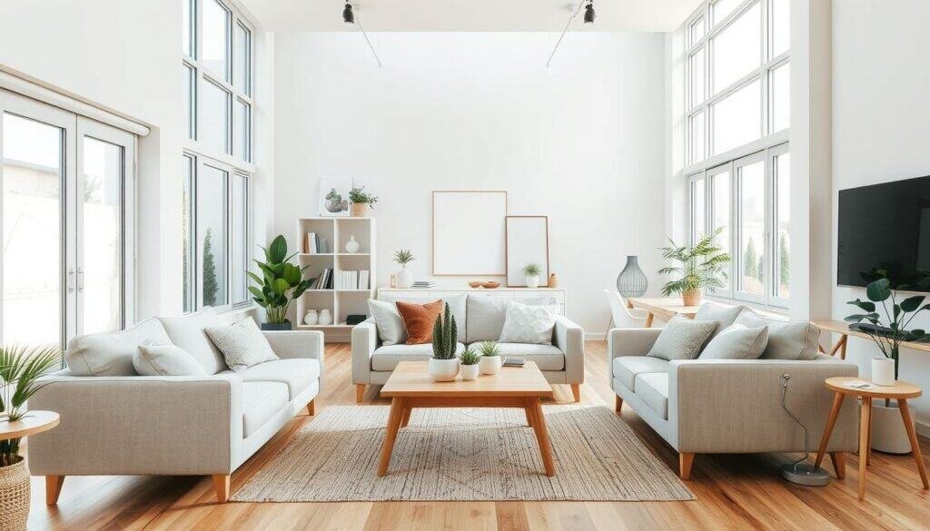 A cozy small living room in an open floor plan, showcasing a harmonious arrangement. In the foreground, a comfortable, neutral-colored sofa with soft cushions, paired with a stylish coffee table made of light wood. In the middle, a small area rug adds texture, while potted plants bring a touch of nature. The background features large windows allowing soft, natural light to flood the space, enhancing the airy atmosphere. Light-colored walls and gentle decor elements create a soothing vibe. A minimalist bookshelf and a modern accent chair complete the scene. Shot with a wide-angle lens, capturing the room's flow and openness. The mood is calm, inviting, and perfect for relaxation.