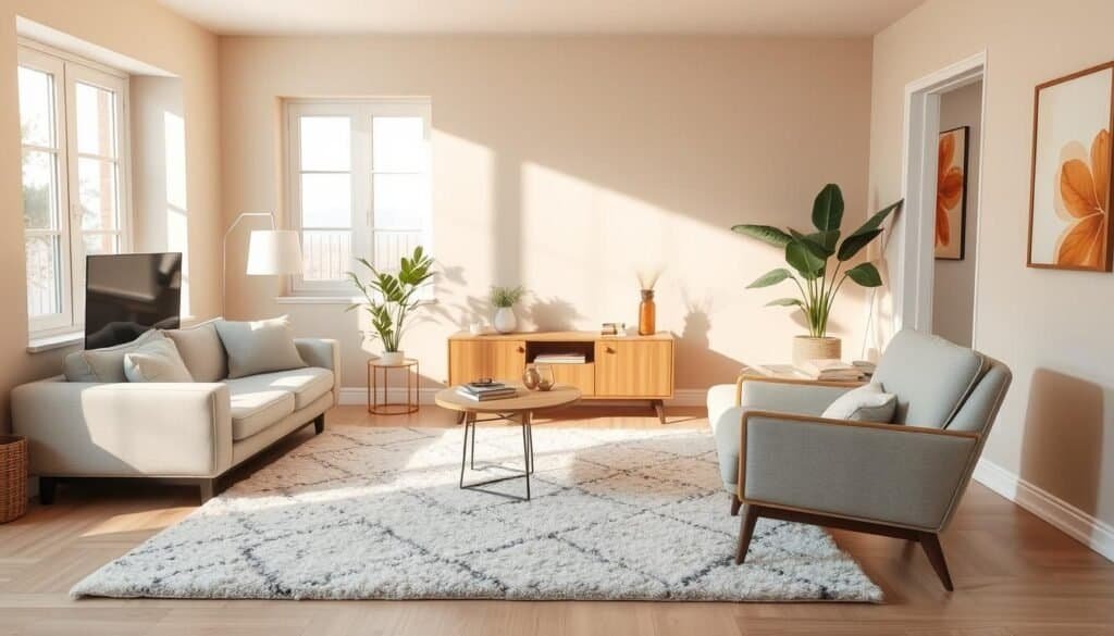 A cozy small living room layout, featuring soft beige walls and warm wooden accents. In the foreground, a plush, modern area rug under a small coffee table surrounded by a comfortable sofa upholstered in light gray fabric. To the side, a stylish armchair complements the seating arrangement, inviting relaxation. In the middle, a minimalist entertainment unit with greenery and decorative items enhances the homey feel. Natural light streams in through large windows, creating a bright, airy atmosphere and casting gentle shadows across the furniture. In the background, art pieces with warm colors adorn the walls, adding personality without overwhelming the space. The overall mood is inviting and warm, perfect for fostering conversation and comfort.