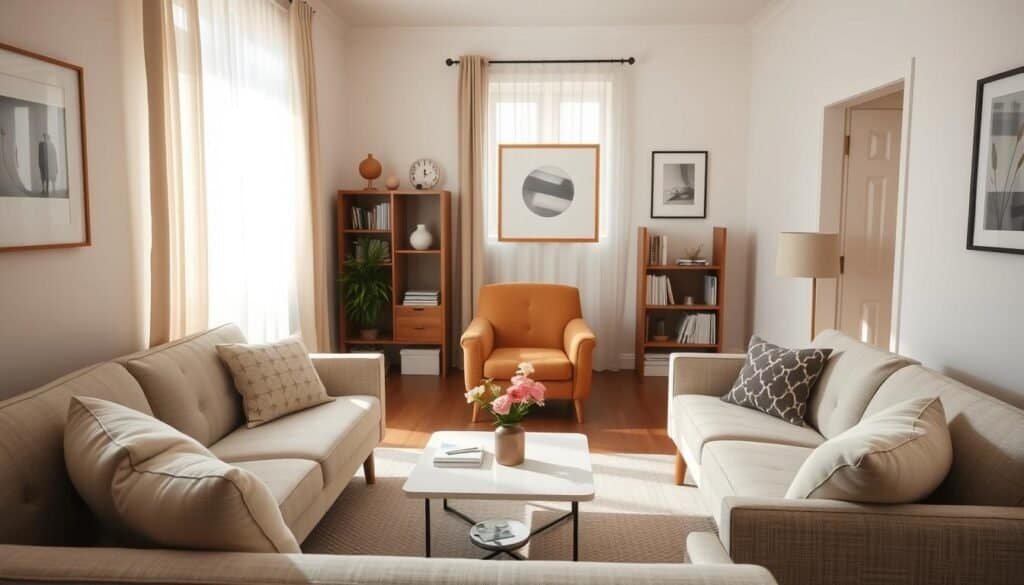 A cozy small living room showcasing a stylish makeover through furniture rearrangement for better flow and conversation. In the foreground, a comfortable mid-century modern sofa adorned with soft throw pillows, facing a sleek coffee table with flower vase. The middle displays a strategically placed armchair, encouraging a welcoming atmosphere, with a small bookshelf nearby filled with books and decorative items. The background features light-colored walls adorned with subtle artwork, and a window draped with sheer curtains allowing soft, natural sunlight to bathe the room in an airy glow. The overall mood is warm and inviting, perfect for fostering conversation and connection, captured from a slightly elevated angle to emphasize the layout and flow of the space.