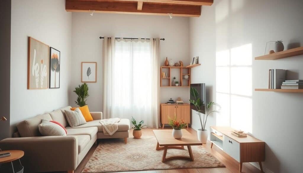 A cozy small living room showcasing warm and inviting décor. In the foreground, a plush sofa adorned with colorful, textured cushions, positioned next to a sleek coffee table made of light wood. The middle features a stylish area rug that adds warmth, complemented by a few indoor plants in decorative pots. Soft sunlight streams through a large window with sheer curtains, illuminating the room with a natural glow. In the background, light pastel walls enhance the airy feel, with simple wall art and shelving displaying neatly arranged books and decorative items. The atmosphere is serene and welcoming, ideal for relaxation and everyday comfort. Use a wide-angle lens to capture the entire space, focusing on natural light and a tranquil vibe.