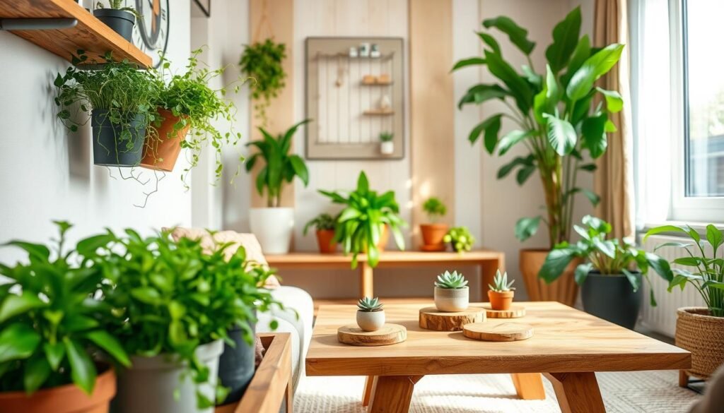 A cozy, small living space featuring innovative plant and wood decor solutions. In the foreground, a combination of potted plants with lush greenery on a handcrafted wooden shelf, showcasing diverse textures. The middle ground highlights a minimalist wooden coffee table with natural finishes, adorned with rustic wooden coasters and small potted succulents. In the background, a soft, airy window allowing bright natural light and soft sunlight to illuminate the scene, creating a warm atmosphere. The use of light wood tones blends harmoniously with the vibrant green plants, enhancing the relaxed and natural vibe of the decor. The angle should be slightly elevated to capture the full depth of the space, inviting and inspiring.