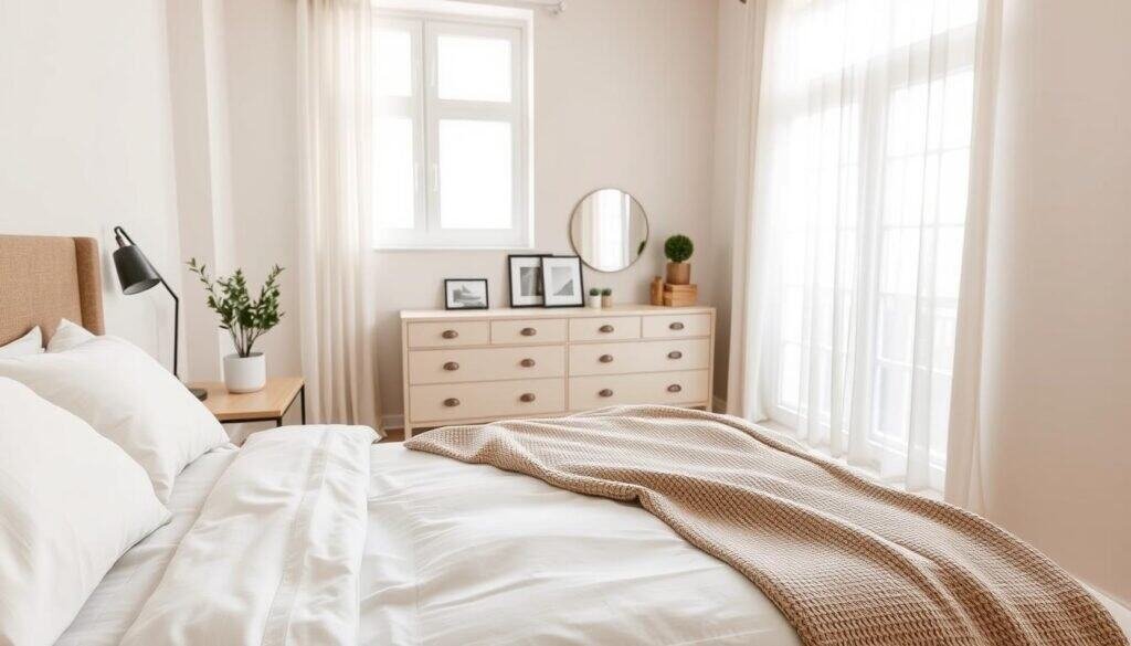 A cozy small master bedroom decorated with minimalistic and functional elements. In the foreground, a neatly made bed with soft, neutral-colored linens and an inviting textured throw blanket. On one side, a modern bedside table holding a small potted plant and a stylish lamp. The middle features a simple yet elegant dresser with a few decorative items like framed photos and a small mirror. In the background, large windows allowing bright, natural sunlight to flood in, showcasing light, airy curtains that flutter gently. The walls are painted in soft pastel colors, contributing to a warm atmosphere. The overall mood is serene and comfortable, designed to maximize space while eliminating clutter, shot from a slightly elevated angle to capture the entire room.