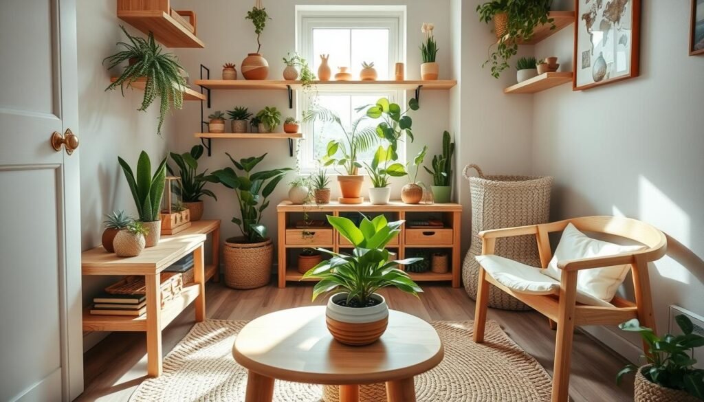 A cozy small space filled with natural decor elements featuring light wooden furniture, such as a compact side table and a minimalist chair. In the foreground, a small potted plant with lush green leaves sits on the table, complementing a woven jute rug below. The middle ground showcases a wall adorned with wooden shelves, displaying various succulents and decorative items made from natural materials. Soft, diffused sunlight streams through a nearby window, creating a warm and inviting atmosphere. In the background, a light-colored wall emphasizes the greenery and wood accents, enhancing the natural vibe. Use a wide-angle lens to capture the entirety of the scene, ensuring it feels airy and well-lit. The overall mood should be serene and refreshing, perfect for small space inspiration.