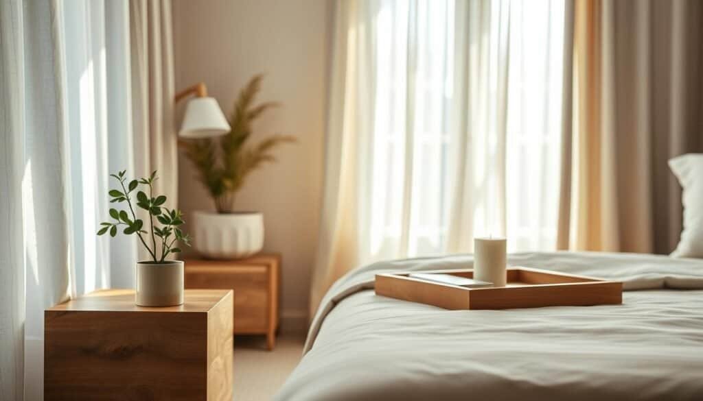 A cozy, stylish bedroom interior featuring small wooden accents that enhance the natural ambiance. In the foreground, display a beautifully crafted wooden bedside table with smooth, tactile grain, adorned with a small potted plant and a minimalist lamp. The middle layer includes a neatly made bed with soft, neutral bedding, and a decorative wooden tray holding a calming candle and a book. The background should showcase light, airy curtains gently fluttering in the breeze, allowing bright, natural sunlight to illuminate the scene, creating soft shadows. Use a warm color palette to evoke a serene, inviting atmosphere, capturing the essence of a personal sanctuary. The photo should be taken from a slightly elevated angle, with a focus on details and texture, conveying a harmonious balance between comfort and elegance.