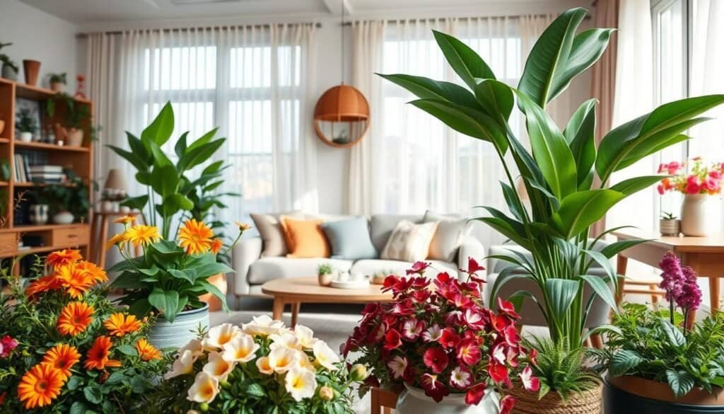 A cozy, stylish living room featuring a variety of seasonal plants elegantly arranged in decorative pots. In the foreground, a vibrant mix of seasonal flowers and lush greenery captures attention, with a focus on colors that reflect the current season, such as warm autumn hues or fresh spring tones. The middle ground includes a comfortable, modern sofa adorned with soft cushions, creating an inviting ambiance. In the background, large windows allow natural light to pour in, with sheer curtains gently diffusing the sunlight, creating a bright and airy feel. The room includes wooden furniture with a touch of rustic charm, and the overall atmosphere is peaceful and rejuvenating, reflecting a harmonious blend of nature and home decor. The image is shot from a slight angle to enhance depth and warmth.