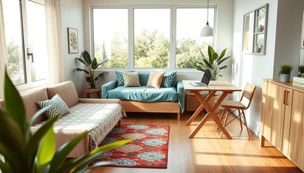 A cozy, stylish small living space featuring multifunctional furniture, such as a compact convertible sofa that transforms into a bed and a foldable dining table that doubles as a desk. In the foreground, include a colorful area rug and a potted plant adding warmth. The middle showcases the multifunctional sofa and table, adorned with decorative cushions and a laptop on the table, indicating productivity. In the background, large windows allow bright, natural light to stream in, illuminating the room and creating an airy atmosphere. The overall mood should be inviting and modern, with a fresh color palette of soft blues and greens. The angle captures the entire room, emphasizing the clever use of space and functionality.