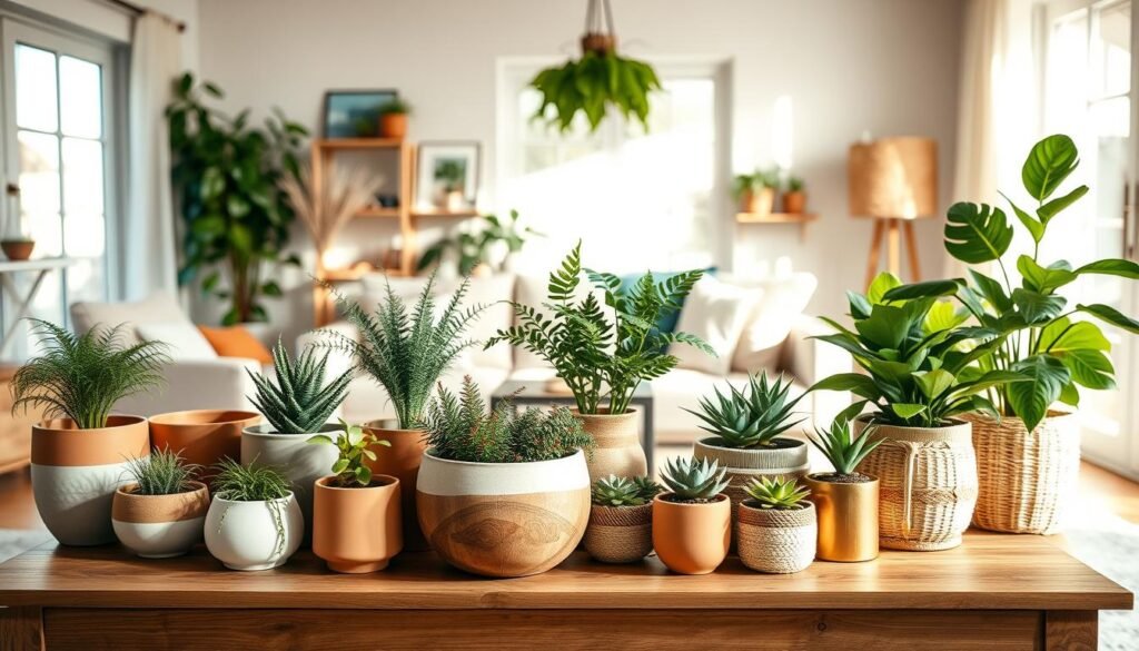 A cozy, sunlit living room featuring a stylish selection of containers for indoor plants. In the foreground, a wooden table displays various planters made from natural materials like terracotta, ceramic, and woven baskets. The middle ground showcases a diverse array of greenery, including ferns, succulents, and leafy houseplants, harmoniously arranged in their chosen containers. The background reveals a well-decorated space with soft, neutral color palettes, highlighting large windows that invite gentle sunlight, casting warm, soft shadows. The overall atmosphere is relaxed and inviting, evoking a sense of natural elegance and easy maintenance, ideal for a serene indoor oasis. The composition should have a warm color palette, emphasizing comfort and aesthetic appeal, with a slight shallow depth of field to focus on the containers and plants.