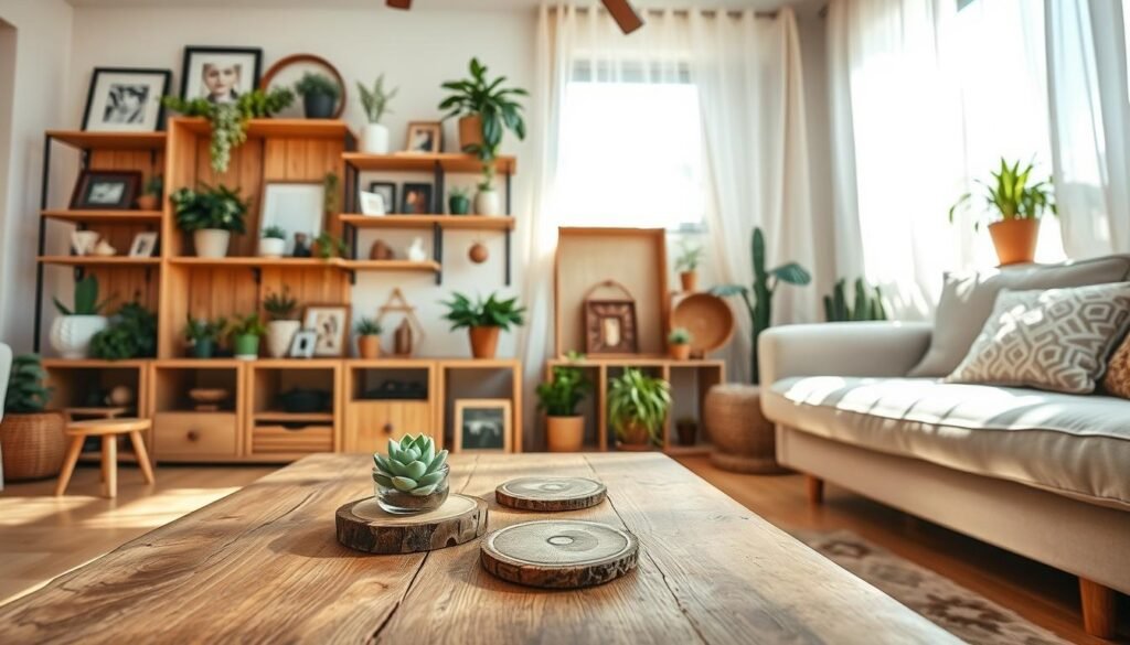 A cozy, sunlit living room featuring various DIY wood decor ideas that embody warmth and charm. In the foreground, a rustic wooden coffee table adorned with handmade coasters and a small potted succulent. The middle ground showcases wooden shelves filled with carefully arranged plants, picture frames, and artisanal crafts, adding layers of texture and creativity. A warm-toned wooden accent wall serves as a backdrop, enhancing the inviting atmosphere. Bright natural light filters through sheer curtains, casting soft shadows across the floor, creating an airy feel. The image is captured from a low angle to emphasize the decor while maintaining a sense of openness and comfort in the space.