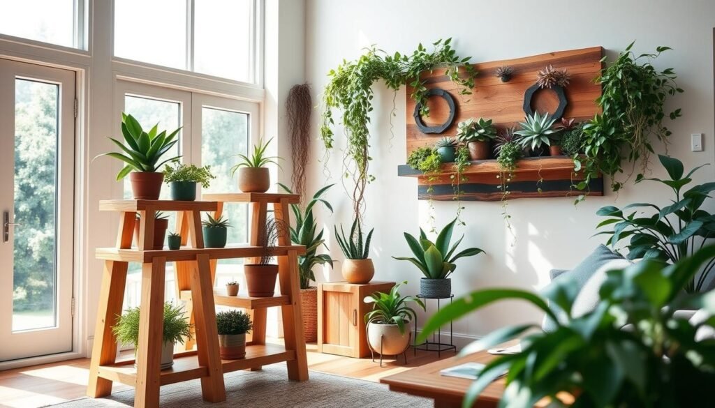 A cozy, sunlit living room showcasing a variety of DIY wood projects designed for plant displays. In the foreground, a handcrafted wooden plant stand with multiple tiers, elegantly holding vibrant potted plants. The middle ground features a rustic wooden shelf mounted on a wall, adorned with cascading vines and colorful succulents. In the background, large windows allow soft, natural sunlight to flood the space, enhancing the warm tones of the wood and the greenery. The atmosphere is tranquil and inviting, with an emphasis on balance and harmony between the wood elements and the plants. Use a wide-angle lens to capture the entire scene and ensure a bright, airy feel.