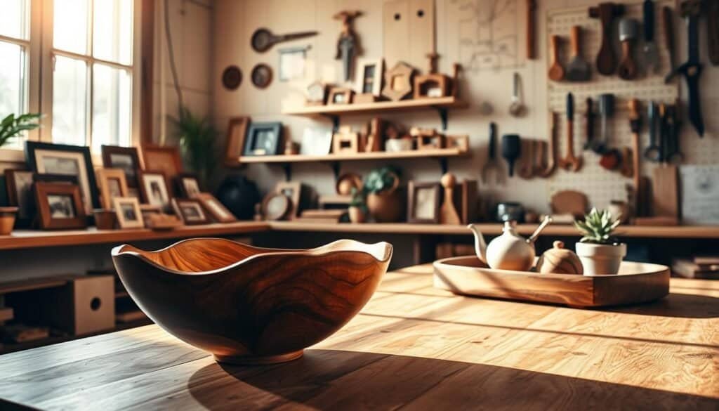 A cozy, sunlit wooden workshop showcasing an array of small woodworking crafts, including intricately designed picture frames, a charming wooden planter, and a stylish serving tray. In the foreground, a beautifully finished, carved wooden bowl sits on a polished workbench, its rich grain highlighted by soft sunlight streaming through a nearby window. In the middle ground, shelves filled with various handcrafted items display their textures and craftsmanship, creating an inviting atmosphere. The background features a light-colored wall adorned with tools and sketches, integrating the essence of creativity. The scene is bathed in bright, natural light, conveying a warm and inspiring mood ideal for DIY enthusiasts and home decorators, captured with a soft focus lens for a serene ambiance.