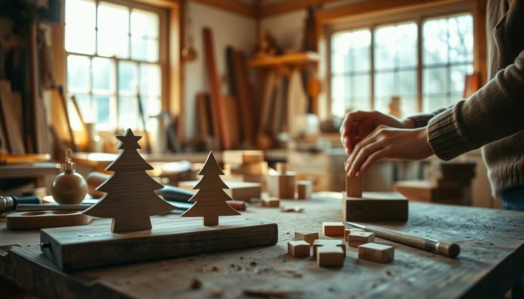 A cozy, sunlit workshop filled with the warmth of natural wood. In the foreground, a beautifully crafted wooden DIY Christmas gift, such as a simple ornament or a cut-out Christmas tree, rests on a rustic workbench with tools scattered around. Next to it, a pair of hands, gently shaping another wooden project, with a soft focus on the delicate movements. In the middle ground, various woodworking tools and untreated wooden blocks are arranged neatly. The background features a window allowing soft sunlight to stream in, illuminating the space with an airy ambiance. The overall mood conveys a sense of tranquility and creativity, inviting viewers to experience the joy of crafting seasonal gifts.