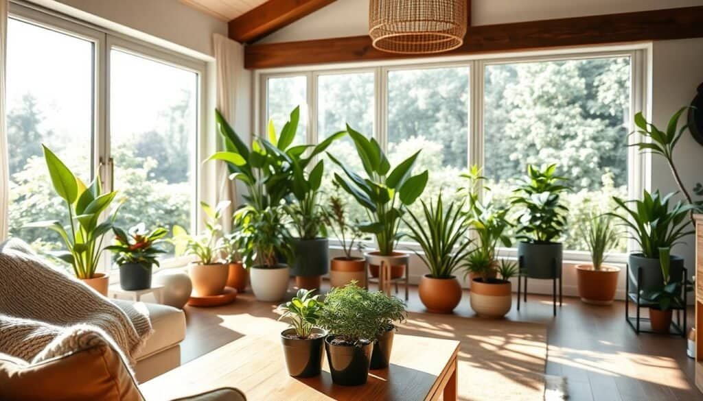 A cozy, sustainable interior living space that emphasizes a harmonious blend of nature and modern design. In the foreground, a warm wooden coffee table with potted plants and a soft, textured blanket adds a touch of comfort. The middle section features a large window, allowing bright, natural light to flood in, illuminating the room and showcasing an array of indoor plants in stylish pots that enhance air quality. The background presents a serene view of a lush garden visible through the window, promoting a sense of tranquility. The overall atmosphere is inviting and bright, with soft sunlight casting gentle shadows. The scene is captured with a wide-angle lens to emphasize the spaciousness and openness of the interior.