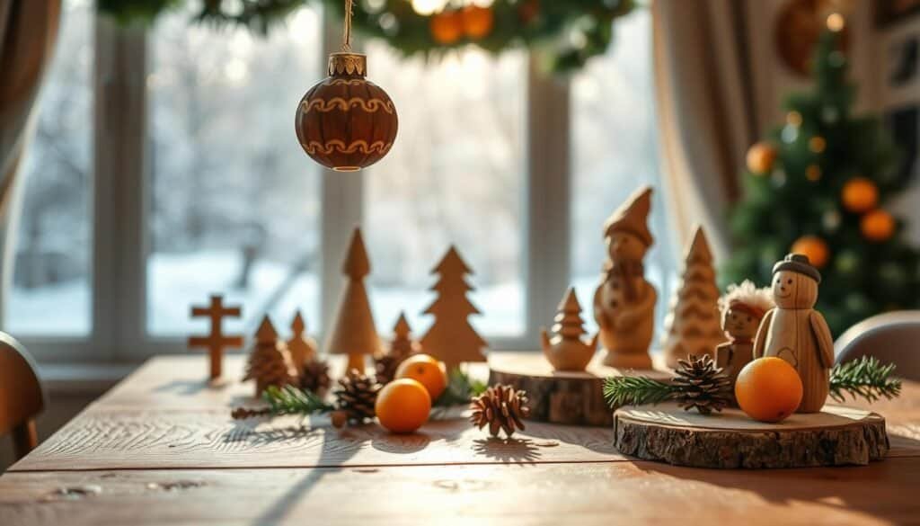A cozy tabletop scene featuring intricately crafted wooden holiday decorations, including hand-carved ornaments, rustic figurines, and a small wooden snowman. In the foreground, focus on a beautifully detailed ornament hanging from a delicate string, reflecting soft sunlight. The middle ground showcases a variety of handcrafted pieces artfully arranged on a rustic wooden table, decorated with pine branches and dried oranges for a festive touch. In the background, a softly blurred window displays a peaceful snowy landscape, letting in warm, natural light that enhances the inviting atmosphere. The overall mood is warm and festive, ideal for holiday cheer, with a bright and airy feeling all around. Please ensure no text, watermarks, or signatures are present in the image.