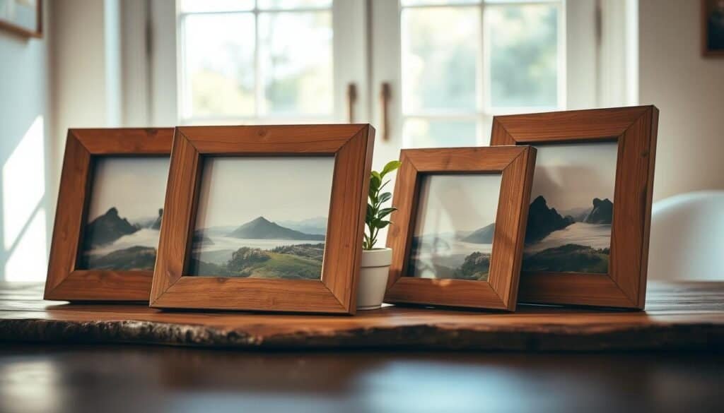 A cozy tabletop scene featuring rustic DIY picture frames crafted from reclaimed wood. In the foreground, several handmade frames of varying sizes are elegantly arranged, showcasing their natural textures and unique imperfections. Each frame holds a simple, beautiful landscape photograph, capturing the charm of nature. The middle ground includes a small potted plant with green leaves to add a touch of freshness. In the background, a sunlit window filters soft, warm sunlight into the space, casting gentle shadows on the table. The overall atmosphere is inviting and serene, perfect for a homely decor setting. The composition is shot with a shallow depth of field to keep the focus on the frames, inviting viewers to appreciate the craftsmanship and simplicity of these decor projects.