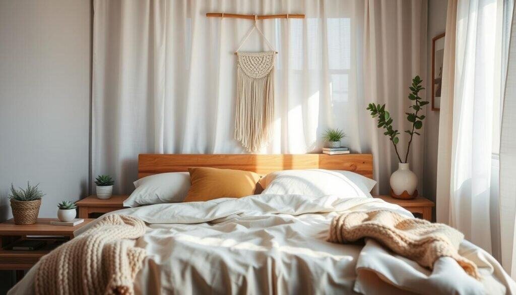 A cozy, tiny bedroom, showcasing a blend of natural textures to create a warm atmosphere. In the foreground, a beautifully made bed with a minimalistic wooden headboard, adorned with soft, organic cotton bedding in neutral tones. On either side, rustic wooden nightstands with small succulents and a textured woven throw blanket draped over the side. In the middle, a delicate macramé wall hanging adds depth, alongside a compact bookshelf filled with a few selected books and plants. The background features soft, sheer curtains allowing bright, natural light to filter in, illuminating the space with a warm glow. The overall mood is serene and inviting, emphasizing simplicity and comfort in a small space.