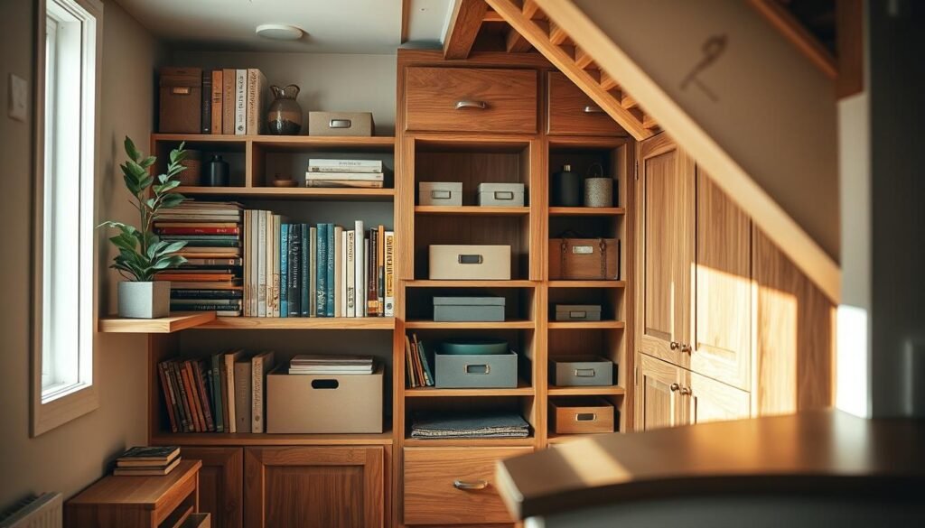 A cozy under-stair storage area featuring custom-built wooden shelves and cabinets, showcasing an organized space filled with art supplies, books, and decorative storage boxes. The foreground includes a small, elegant potted plant on one shelf, adding a touch of greenery. The middle section displays the intricately crafted wood finishes and clever storage solutions, while the background is softly illuminated by natural light streaming in from a nearby window, casting gentle shadows. The overall atmosphere is warm and inviting, emphasizing functionality and creativity in design. Use bright, natural light with a soft focus to enhance the welcoming feel of the space, capturing the essence of DIY woodworking projects that maximize utility in small, often overlooked areas.