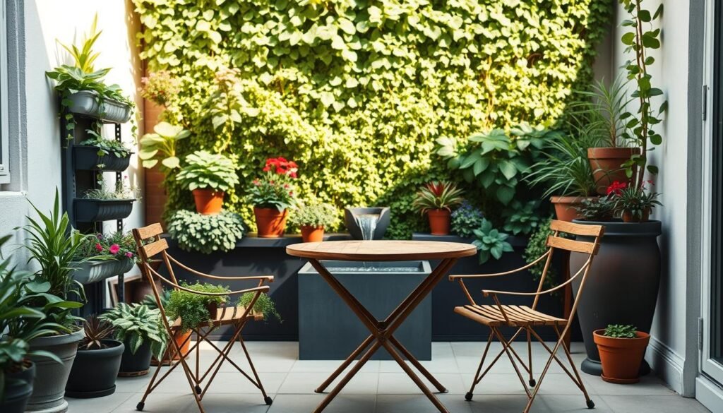 A cozy urban patio garden showcasing compact gardening ideas. In the foreground, a small wooden table surrounded by stylish, lightweight chairs, adorned with potted herbs and colorful flowers. The middle layer features vertical planters filled with vibrant plants and a small water feature, creating a serene atmosphere. The background includes a lush green wall of climbing vines, bathed in bright, soft sunlight that enhances the greenery and adds warmth to the scene. The perspective is a slightly elevated angle, capturing the inviting layout and harmonious design elements. The mood is relaxed and welcoming, ideal for small spaces while promoting an easy-to-use outdoor environment.