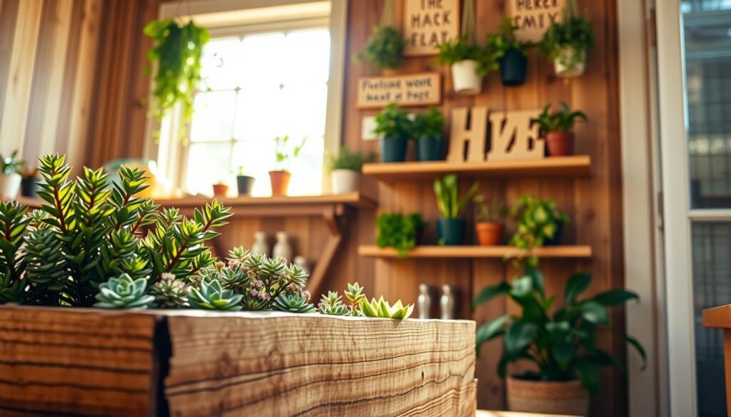A cozy, warmly lit interior featuring a variety of DIY wood and plant projects. In the foreground, a rustic wooden planter with lush green succulents and small flowering plants, showcasing intricate craftsmanship. The middle layer presents a beautifully crafted wooden shelf hung on a wall, adorned with potted herbs and decorative wooden signs. In the background, soft sunlight streams through a large window, illuminating the space and enhancing the natural wood tones, while a few hanging plants create a sense of freshness. The atmosphere feels inviting and creative, capturing the essence of warmth and homeliness. The overall composition is well-balanced, using a slight angle to add depth, highlighting the textures of wood and greenery, with an emphasis on bright, natural light.