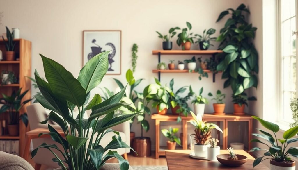 A cozy, well-lit indoor space filled with a variety of easy-care houseplants, including snake plants, pothos, and peace lilies, arranged naturally on wooden shelves and a coffee table. In the foreground, a large, lush snake plant is positioned beside a stylish armchair, bathed in soft, natural sunlight filtering through a nearby window. The middle ground features a curated display of plants in decorative pots on a rustic wooden shelf, enhancing the room's relaxed vibe. The background shows an airy atmosphere with light, neutral walls and light wood accents, creating a serene and inviting mood. Capture the scene with a warm color palette, utilizing a wide-angle lens to emphasize the spaciousness and tranquillity of the space.