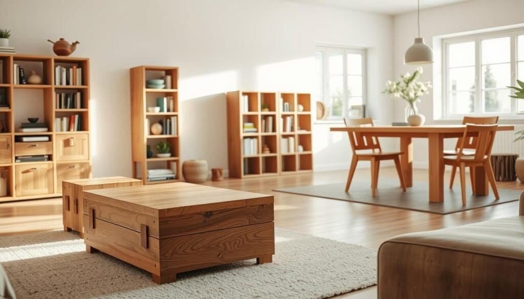 A cozy, well-lit living room featuring a range of functional furniture projects made from wood. In the foreground, a stylish, handcrafted coffee table with intricate joinery sits atop a soft rug, complemented by a set of small wooden storage cubes nearby. The middle ground showcases an elegant bookshelf filled with books and decorative items, while a sleek, rustic dining table with matching chairs invites warmth and comfort. The background reveals large windows streaming bright, soft natural light, illuminating the space and creating an airy atmosphere. The entire scene exudes a mood of creativity and practicality, highlighting the beauty of DIY woodworking in everyday life.