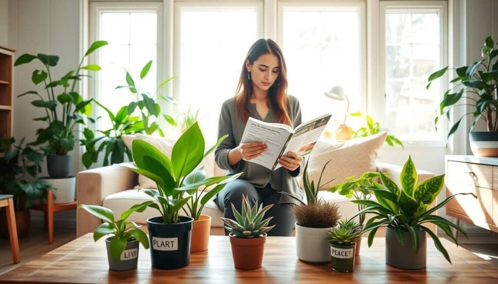A cozy, well-lit living room filled with a variety of healthy, vibrant houseplants selected for their energy-enhancing qualities. In the foreground, a wooden coffee table holds an assortment of small potted plants, including a snake plant, peace lily, and a succulent, with labels indicating their energy benefits. In the middle, a woman dressed in modest casual clothing studies a plant care guide, thoughtfully considering her options. The background features large windows allowing soft, airy natural light to filter through, illuminating the room and creating a tranquil atmosphere. Bright green leaves contrast against light wood furnishings, enhancing a sense of balance and harmony. The overall mood is inviting, serene, and focused on well-being through natural elements.
