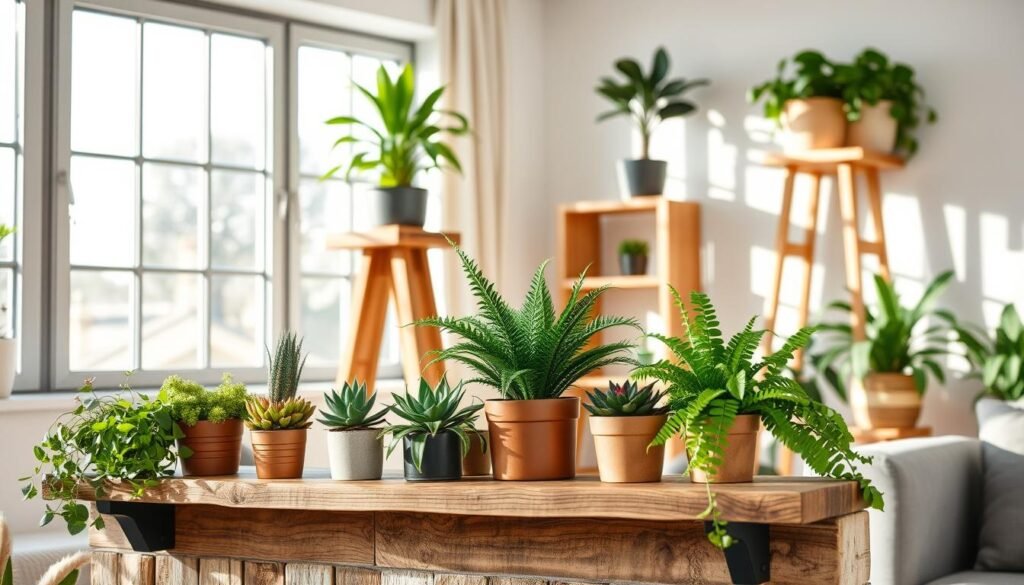 A cozy, well-lit living room showcasing various wooden plant displays. In the foreground, a rustic wooden shelf made from reclaimed wood, adorned with lush green potted plants, varying in size and type, such as ferns, succulents, and flowers in earthy tones. The middle ground features a larger wooden planter stand that elegantly elevates a few medium-sized plants, creating height and visual interest. Soft sunlight filters through a large window in the background, casting gentle shadows and highlighting the natural grain of the wood. The overall atmosphere is warm and inviting, with a touch of greenery that brings a natural vibe to the space. The focus is on the beauty and styling of the wooden elements in harmony with the plants.