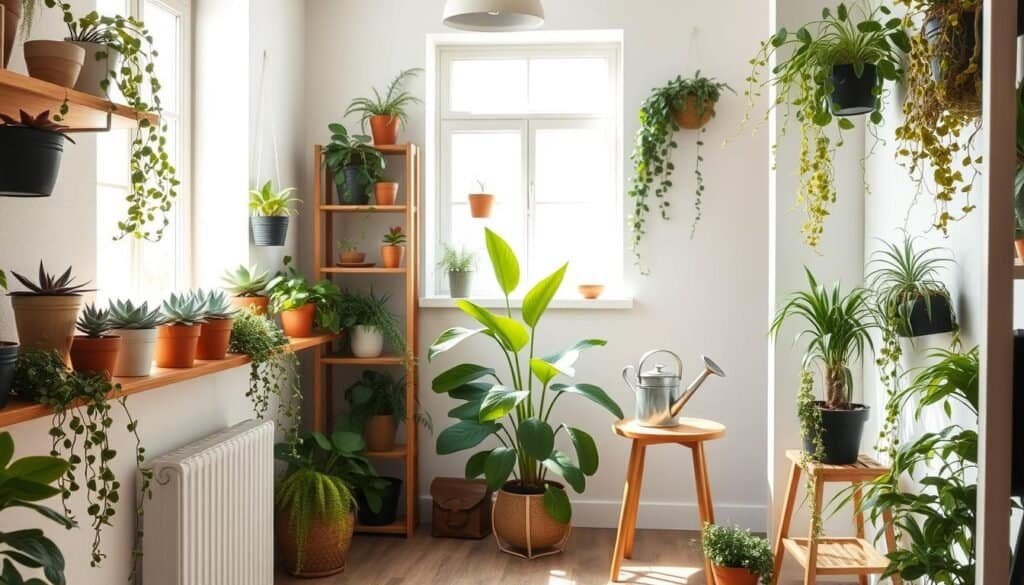 A cozy, well-lit room featuring creative plant displays in various nooks and vertical spaces. In the foreground, a wooden shelf adorned with an array of potted plants, including succulents and trailing vines, elegantly cascading down. The middle ground showcases a stylish corner filled with a tall floor plant and a small wooden side table topped with a vintage watering can. In the background, a window streams bright, soft sunlight, illuminating the space and highlighting the natural textures of wood and greenery. The atmosphere is fresh and inviting, evoking a sense of tranquility and connection to nature. Capture this scene with a natural lens that emphasizes depth and detail, ensuring the light creates gentle shadows that enhance the overall composition.