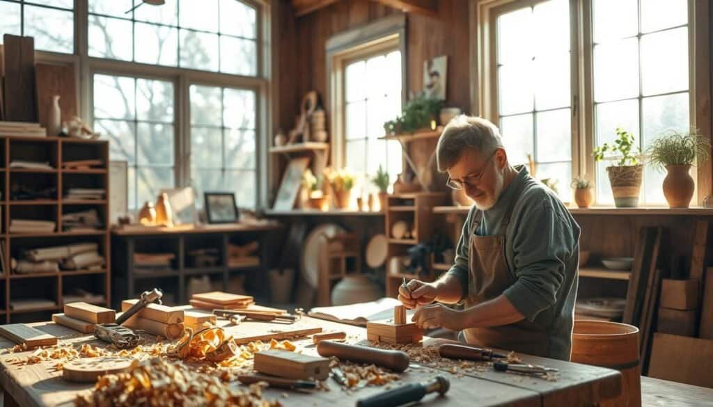 A cozy, well-lit woodworking workshop filled with natural sunlight streaming through large windows. In the foreground, a dedicated artisan, dressed in modest casual clothing, is intently focused on a small wooden project, surrounded by various tools and wood shavings, emphasizing the therapeutic nature of crafting. The middle ground features neatly arranged wood pieces and hand tools, showcasing the artistry of woodworking. In the background, shelves filled with finished wooden items and plants add an inviting touch. The atmosphere is calm and peaceful, with soft sunlight casting warm, inviting shadows, creating a sense of tranquility and mindfulness in the space. The overall mood reflects relaxation and joy in the process of creating something special for a loved one.