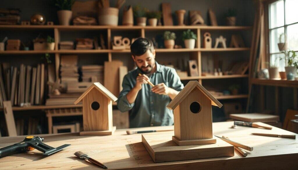 A cozy, well-lit workshop scene focused on the completion of a small wood project. In the foreground, a neatly finished wooden birdhouse sits on a workbench, surrounded by tools like a hand saw and a paintbrush. In the middle, a craftsman in modest casual clothing, intently applying a final coat of paint, exudes a sense of satisfaction and accomplishment. Soft natural light streams in through a window, illuminating the warm wood tones and creating a dynamic interplay of shadows. The background features shelves adorned with neatly arranged woodworking materials, plants, and completed small projects, embodying a sense of creativity and triumph. The overall mood is uplifting and encouraging, highlighting the joy found in finishing a small project.
