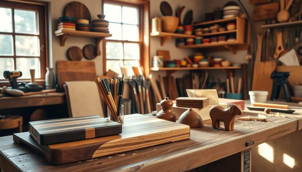 A cozy, well-lit workshop scene showcasing a variety of handmade wooden gifts on a rustic workbench. In the foreground, display a beautifully crafted wooden cutting board, a set of intricately turned wooden pens, and a small hand-carved wooden animal. The middle ground features shelves lined with colorful wooden coasters and small decorative boxes. Soft, warm sunlight filters through a nearby window, creating gentle shadows and highlighting the rich grain of the wood. In the background, tools and wood shavings add to the atmosphere of creativity and craftsmanship, evoking a sense of warmth and weekend project inspiration. The image captures a serene, inviting mood, perfect for celebrating handmade artistry in woodworking.