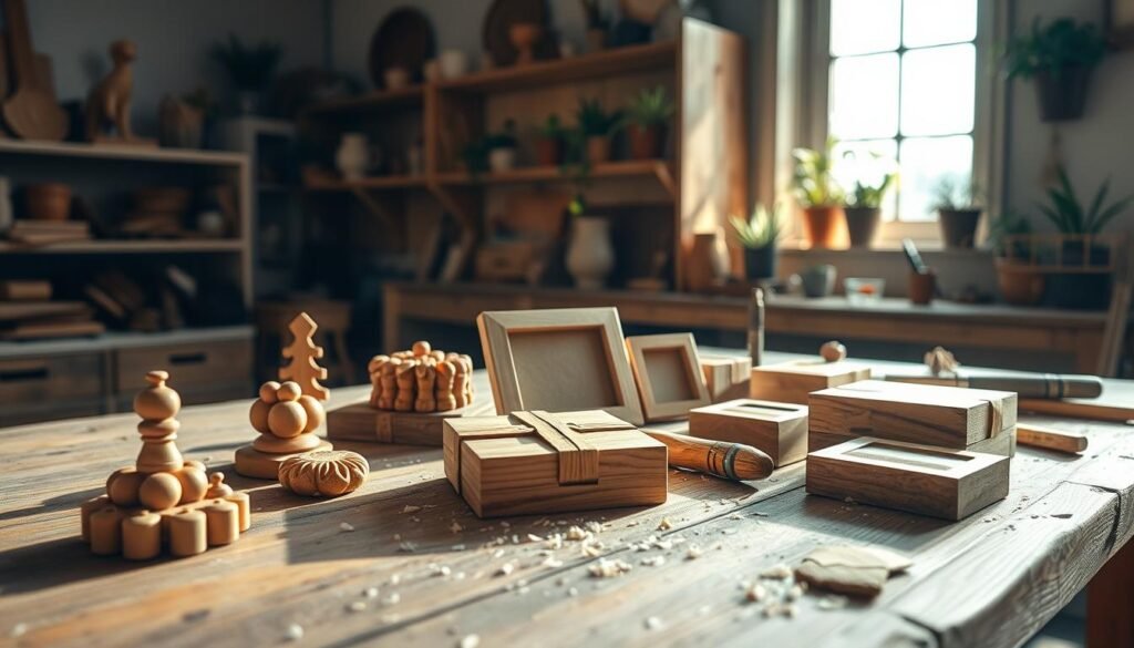 A cozy, well-lit workshop scene showcasing an array of handmade wooden gifts on a rustic wooden table. In the foreground, intricately crafted items like a wooden toy, a personalized photo frame, and a small jewelry box gleam in the soft, natural light. The middle ground features woodworking tools such as chisels and sanders, along with some wood shavings, emphasizing the DIY aspect of the projects. In the background, a warm, inviting ambiance is created with shelves holding more finished pieces and potted plants, all bathed in bright, natural sunlight filtering through a window. The atmosphere feels calm and productive, ideal for crafting on a quiet evening.