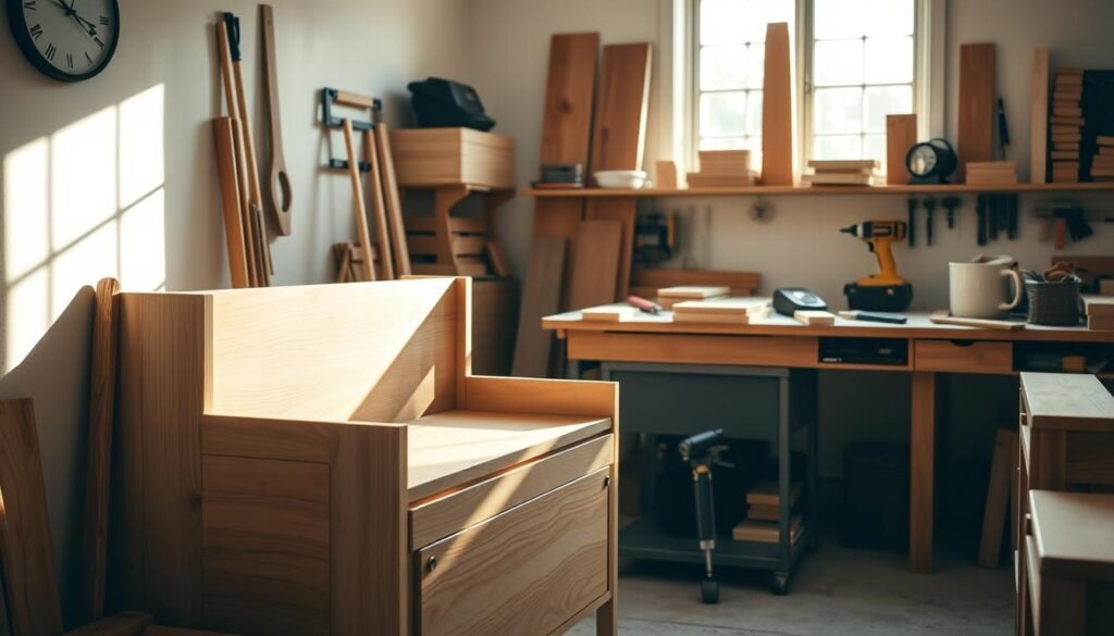 A cozy, well-lit workshop showcasing universal design principles in woodworking. In the foreground, a compact but functional wooden storage unit with integrated seating, designed for small spaces, featuring smooth finishes and natural wood textures. The middle ground displays a workbench cluttered with tools, a set of measuring instruments, and wood pieces in progress. In the background, a window allows soft, bright natural light to flood in, illuminating the space and highlighting the craftsmanship. The atmosphere is inviting and functional, evoking a sense of creativity and practicality. The composition utilizes a slightly elevated angle to provide a clear view of the details while maintaining a warm and engaging ambiance.
