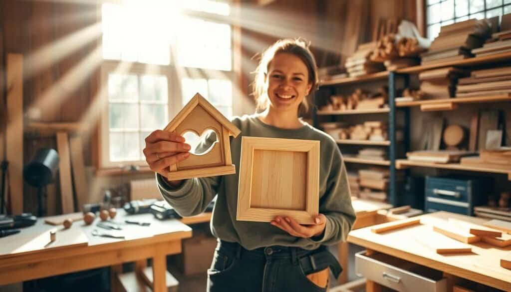 A cozy, well-lit workshop space filled with beams of soft sunlight streaming in through large windows. In the foreground, a person in comfortable, modest casual clothing is proudly holding a small wooden project, like a birdhouse or a picture frame, showcasing their recent accomplishment. The middle area features a sturdy workbench cluttered with tools and unfinished wooden pieces, creating a sense of creativity and craftsmanship. In the background, shelves stocked with neatly arranged wood materials and finished projects convey a homey atmosphere. The overall mood is uplifting and motivational, emphasizing the joy of achieving small wins. The image is captured from a slightly elevated angle, providing a comprehensive view of the workspace and the person's satisfaction.