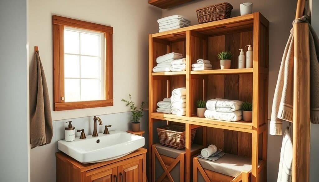 A cozy wooden bathroom storage solution, featuring a beautifully crafted wooden shelving unit made of oak, displaying neatly arranged towels, toiletries, and small potted plants. In the foreground, the storage unit is adorned with a wicker basket and a rustic mirror above it reflecting soft sunlight. The middle of the scene includes a white sink with bronze fixtures and a neutral-colored countertop, enhancing the warm wooden tones. In the background, there are light-colored walls and a large window allowing bright, natural light to fill the space, creating an airy atmosphere. The setting evokes a calm, inviting mood perfect for a small, functional bathroom retreat, captured in a wide-angle shot to emphasize the efficient use of space.