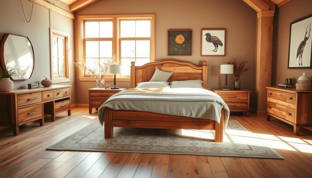 A cozy wooden bedroom decor scene filled with natural textures. In the foreground, a beautifully crafted wooden bed with a rustic headboard, adorned with soft, neutral-toned bedding. On either side, wooden nightstands with stylish yet simple lamps. The middle ground features a warm wooden floor that complements an area rug with subtle patterns. A large window in the background allows bright natural light to spill into the room, casting soft shadows and creating an airy atmosphere. The walls are painted in soft earth tones, with artwork that reflects nature themes. The overall mood is inviting and tranquil, emphasizing warmth and character that wooden elements bring to the space. Capture this scene using a warm color palette and a slight angle to enhance depth, mimicking a natural lens perspective.