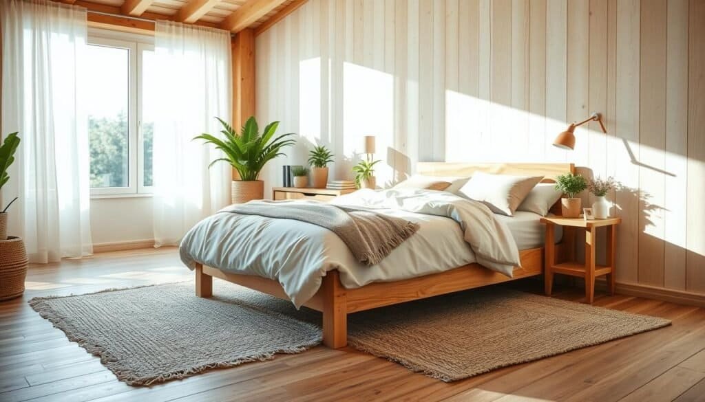 A cozy wooden bedroom decor scene showcasing natural wood accents. In the foreground, a beautifully crafted wooden bed frame with a plush neutral-toned bedding set and decorative pillows. Soft, textured rugs layered on wooden flooring add warmth. In the middle ground, a rustic wooden nightstand with a minimalist lamp and a few carefully placed plants, creating a serene atmosphere. The background features a large window allowing bright, soft sunlight to flood the room, enhancing the natural wood elements and casting gentle shadows. The overall mood is tranquil and inviting, perfect for a personal sanctuary, emphasizing a harmonious blend of nature and comfort.