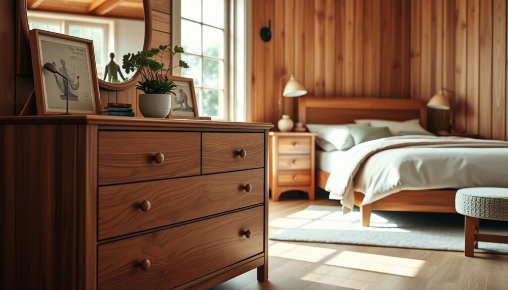A cozy wooden bedroom featuring elegant storage solutions. In the foreground, showcase a beautifully crafted wooden dresser with intricate grain patterns and smooth edges, topped with a small potted plant and a few artful decor pieces. The middle layer includes a matching set of nightstands, each with spacious drawers and crafted from warm-toned wood, highlighting the craftsmanship. Soft, natural light floods the scene through a nearby window, casting gentle shadows and emphasizing the warm hues of the wood. In the background, a neatly made bed with soft linens complements the wooden elements, creating a tranquil atmosphere. The overall mood is inviting and serene, perfect for a relaxing bedroom environment with a focus on simple wood designs.