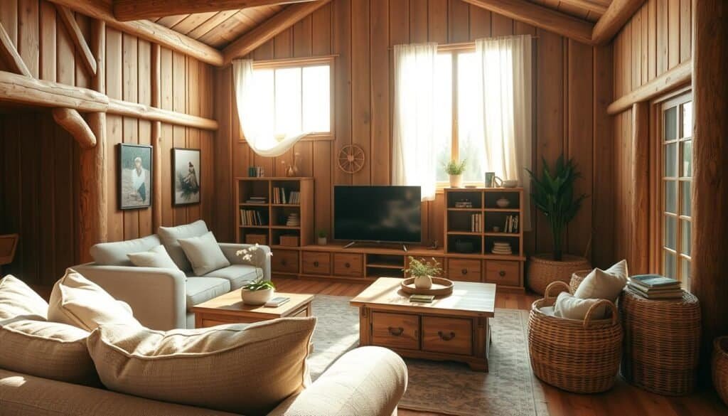 A cozy wooden living room featuring natural wood beams and a warm, inviting atmosphere. In the foreground, a comfortable, plush sofa with neutral-colored cushions, accompanied by a rustic wooden coffee table adorned with a small potted plant. The middle ground showcases a large, wooden entertainment unit with books and decorative items, complemented by woven baskets for storage. In the background, a bright window allows soft, natural sunlight to flood the space, illuminating the rich textures of the wooden walls and floor. The scene emphasizes a relaxed, airy feel with light-colored drapes gently blowing in the breeze, creating a peaceful ambiance perfect for unwinding. The overall color palette is warm and earthy, enhancing the sense of comfort and tranquility.