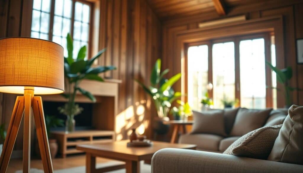 A cozy wooden living room illuminated by warm, inviting lighting. In the foreground, feature a stylish wooden floor lamp with a soft, diffused light, casting a gentle glow. In the middle, include natural wood furniture, like a coffee table and a plush armchair, adorned with textured throw pillows in earthy tones. In the background, showcase large windows allowing bright natural light to pour in, accentuating the wooden elements of the room. Green indoor plants subtly blend into the decor, enhancing the relaxed atmosphere. Capture the scene with a slightly elevated angle, emphasizing the airy, well-lit space that evokes comfort and serenity. Soft sunlight filters through, creating a harmonious blend of light and shadow, inviting relaxation.