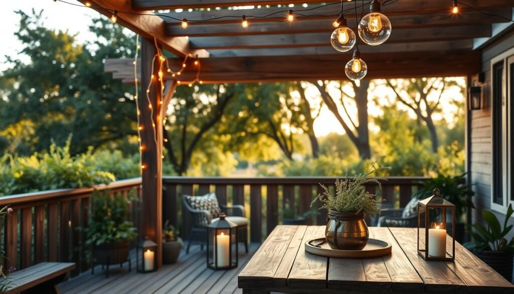 A cozy wooden patio in the late afternoon, featuring various innovative outdoor lighting ideas. In the foreground, warm string lights drape elegantly across a rustic wooden pergola, casting a soft glow. On the patio surface, chic lanterns with flickering candles enhance the ambiance. In the middle ground, a wooden dining table is set with tasteful, minimalistic décor, reflecting the inviting atmosphere. Background elements include lush greenery and soft, natural light filtering through trees, creating a serene environment. The scene captures a relaxed yet intimate setting, emphasizing comfort and warmth with inviting shapes and shadows. Ideal for evoking the essence of comfortable outdoor living, with bright, airy feelings and an emphasis on wood textures.