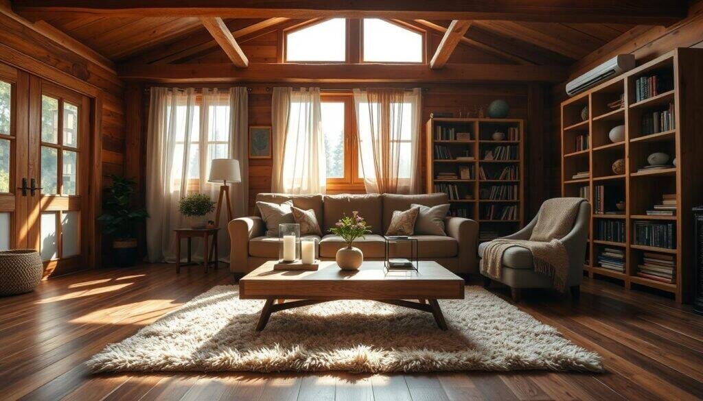 A cozy wooden-themed living room featuring a rich hardwood floor and rustic wooden beams on the ceiling. In the foreground, a plush, soft beige area rug lays beneath a stylish wooden coffee table adorned with decorative items like candles and a small potted plant. The middle section showcases a comfortable, inviting sofa covered in earth-toned fabric, complemented by decorative pillows. A wooden bookshelf filled with books and decorative knick-knacks lines the wall. In the background, large windows let in bright natural light, enhancing the airy atmosphere, while sheer curtains gently flutter. Soft sunlight spills across the room, creating a warm and inviting mood, emphasizing the aesthetics of natural wood and inviting textures. A wide-angle view captures the room's harmonious design.