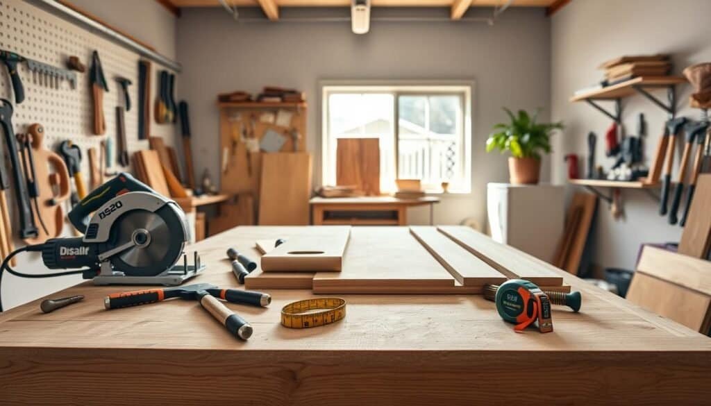 A cozy woodworking project setup in a well-lit garage. In the foreground, a sturdy wooden workbench is covered with essential tools like a circular saw, hand tools, a tape measure, and wood clamps. On the bench, there are pieces of sanded pine and oak wood, ready for crafting. In the middle, soft sunlight filters through a window, illuminating the dust particles in the air, adding warmth to the scene. On the walls, pegboards hold neatly arranged tools and materials, creating an organized atmosphere. In the background, there's a shelf with wood finishes and a potted plant adding a touch of life. The overall mood is inviting, inspiring creativity, and conveying a sense of passion for woodworking. The image should be captured at eye level to create an immersive, inviting perspective.