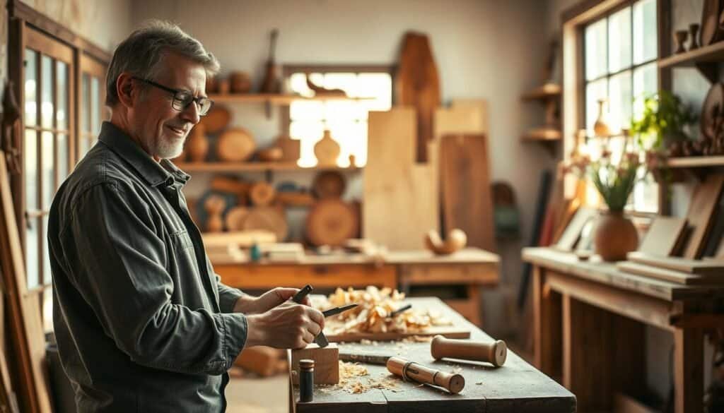 A cozy woodworking workshop, bathed in soft, natural light streaming through a large window. In the foreground, a skilled artisan, dressed in modest casual clothing, is contentedly shaping a piece of wood with hand tools, displaying a focused yet serene expression. The middle ground features a wooden workbench cluttered with tools, shavings, and a partially completed project, emphasizing the creative process. In the background, shelves lined with finished wood items and a potted plant add warmth to the scene. The overall mood is tranquil and inviting, highlighting the therapeutic aspects of woodworking. The lighting should evoke a sense of calm, enhancing the feeling of relaxation as the artisan engages in their craft.